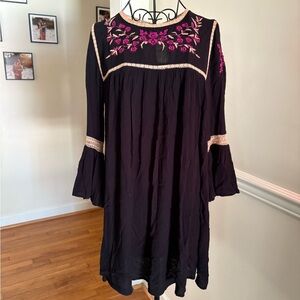 Boho Embroidered Black Dress with Pink Accents
